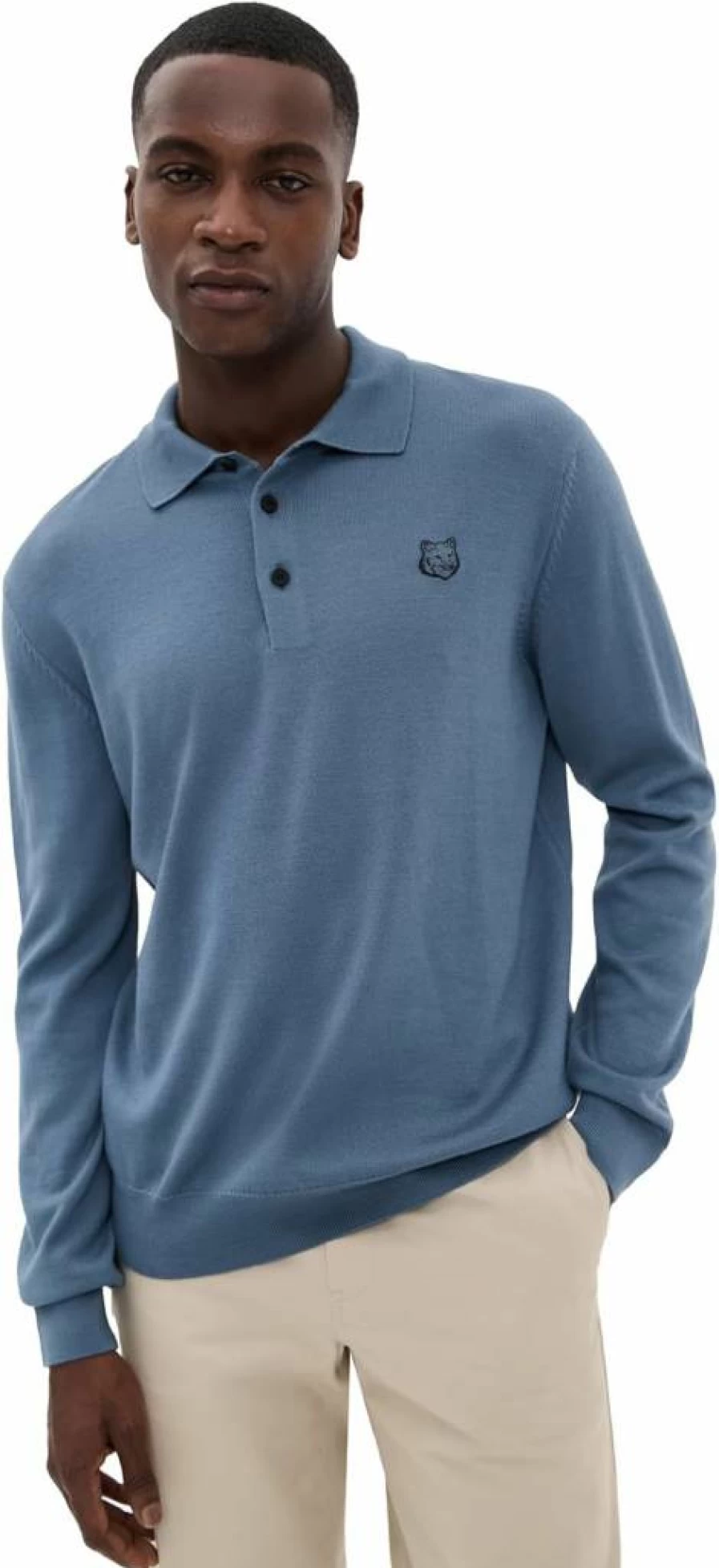 Maison Kitsune Men's Fox Embroidered Polo Sweater - Bold Patch Design