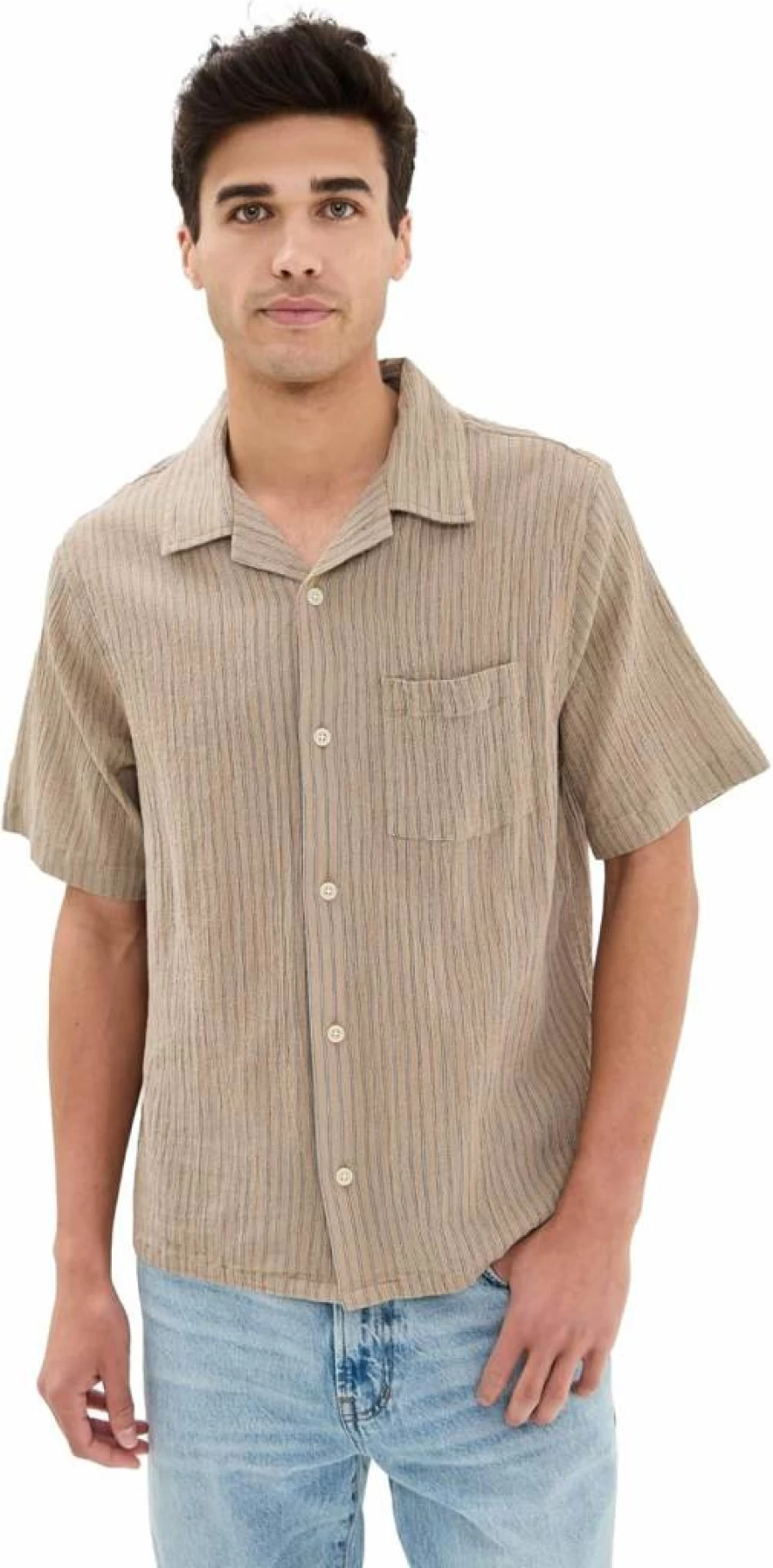 Corridor Men's High-Twist Stripe Camp Collar Shirt - Casual Breathable Summer Top