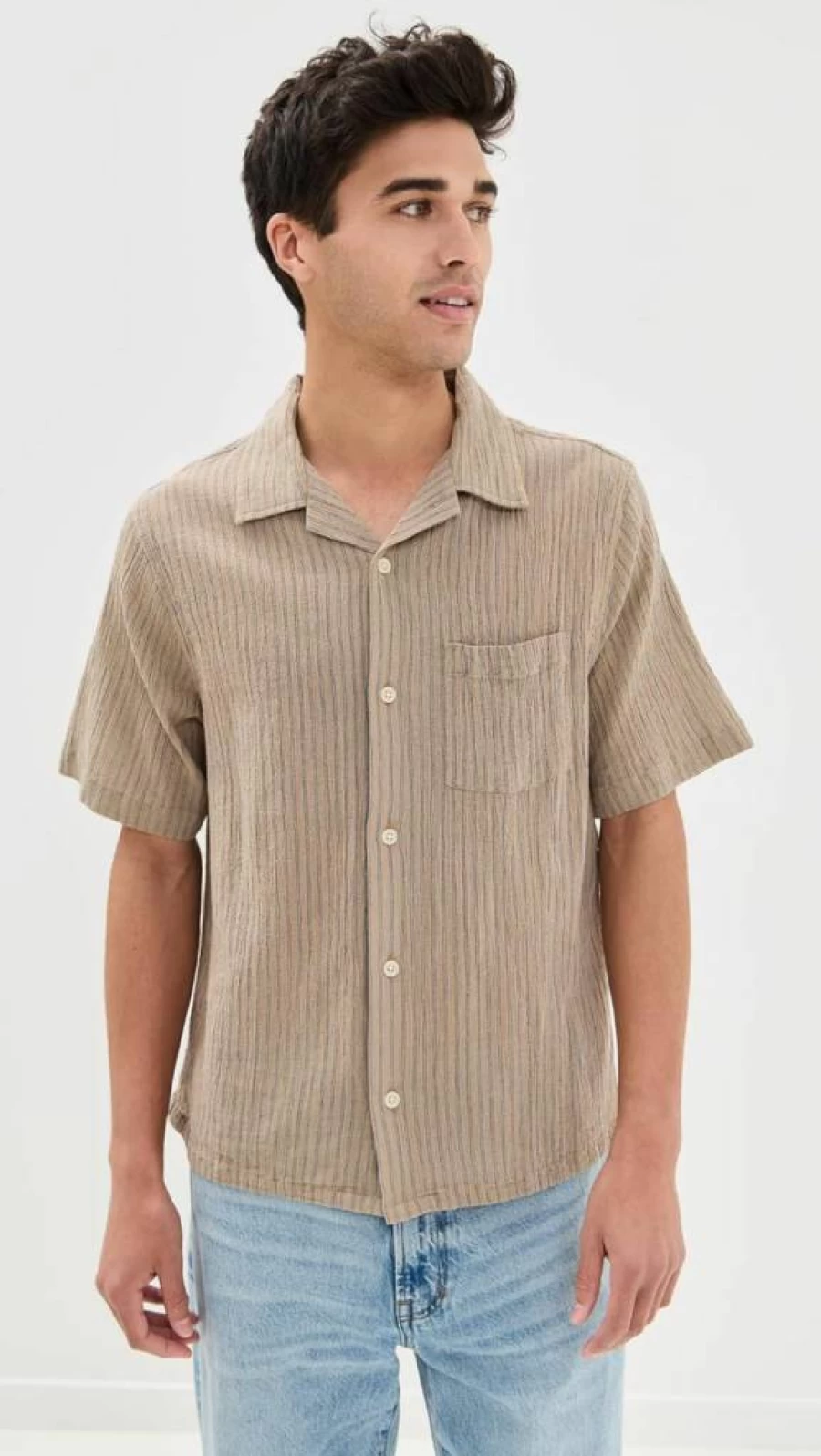 Corridor Men's High-Twist Stripe Camp Collar Shirt - Casual Breathable Summer Top