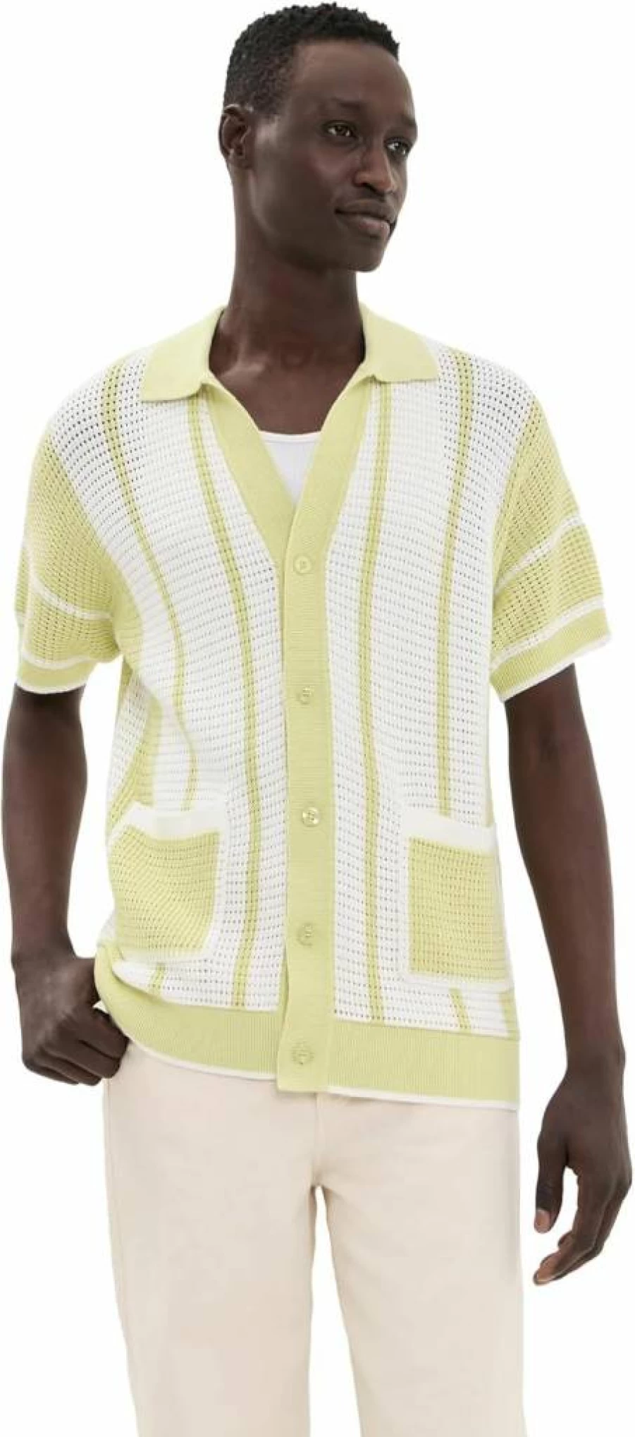 Frescobol Carioca Men's Fabricio Crochet Stripe Cardigan Shirt - Lightweight Knit Summer Cover-Up