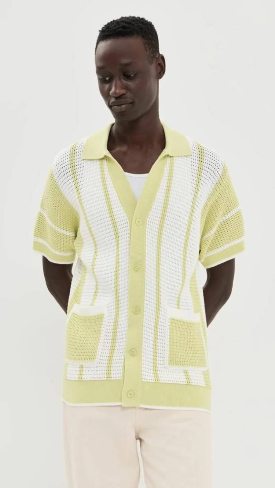 Frescobol Carioca Men's Fabricio Crochet Stripe Cardigan Shirt - Lightweight Knit Summer Cover-Up