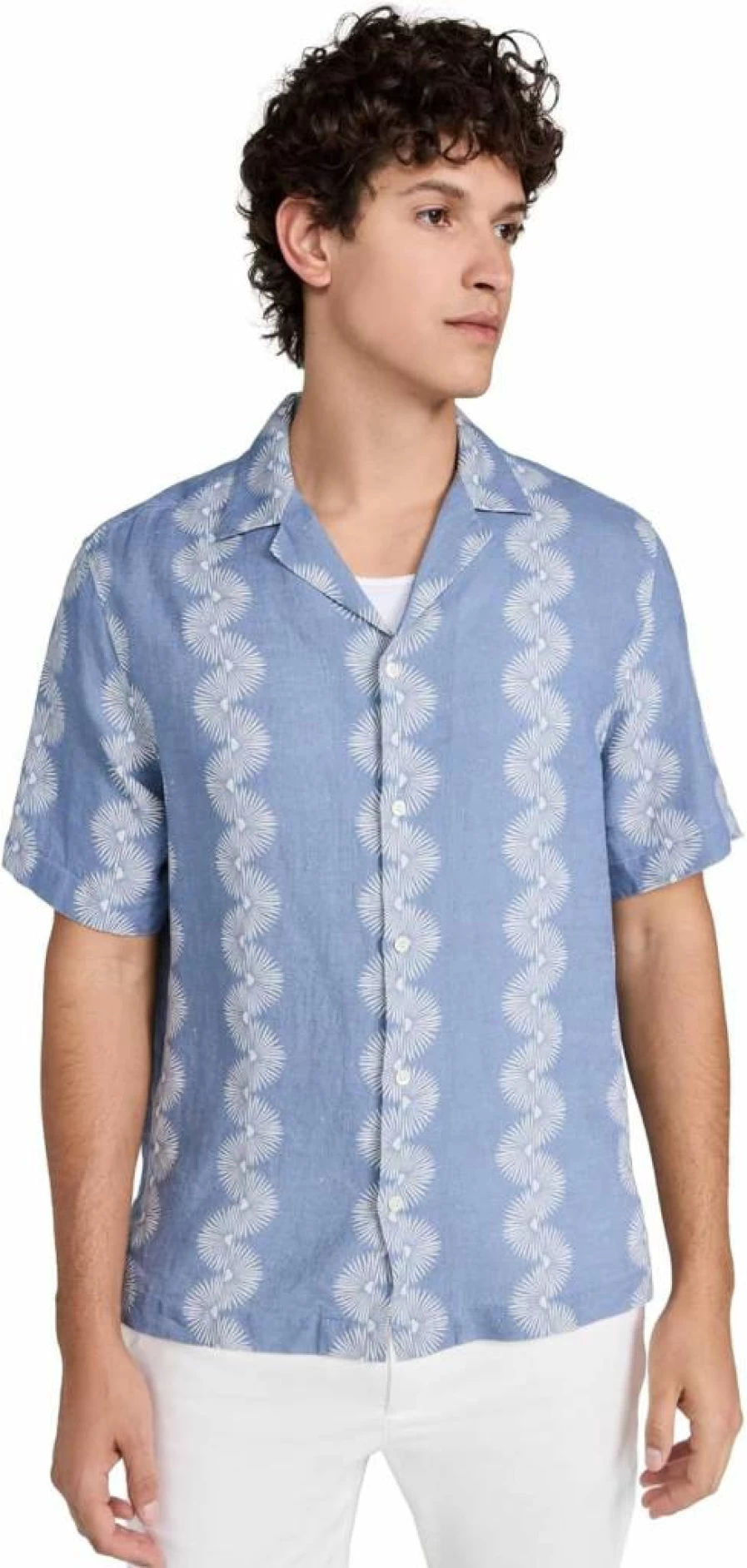 Frescobol Carioca Men's Roberto Linen Shirt with Geometric Wave Print