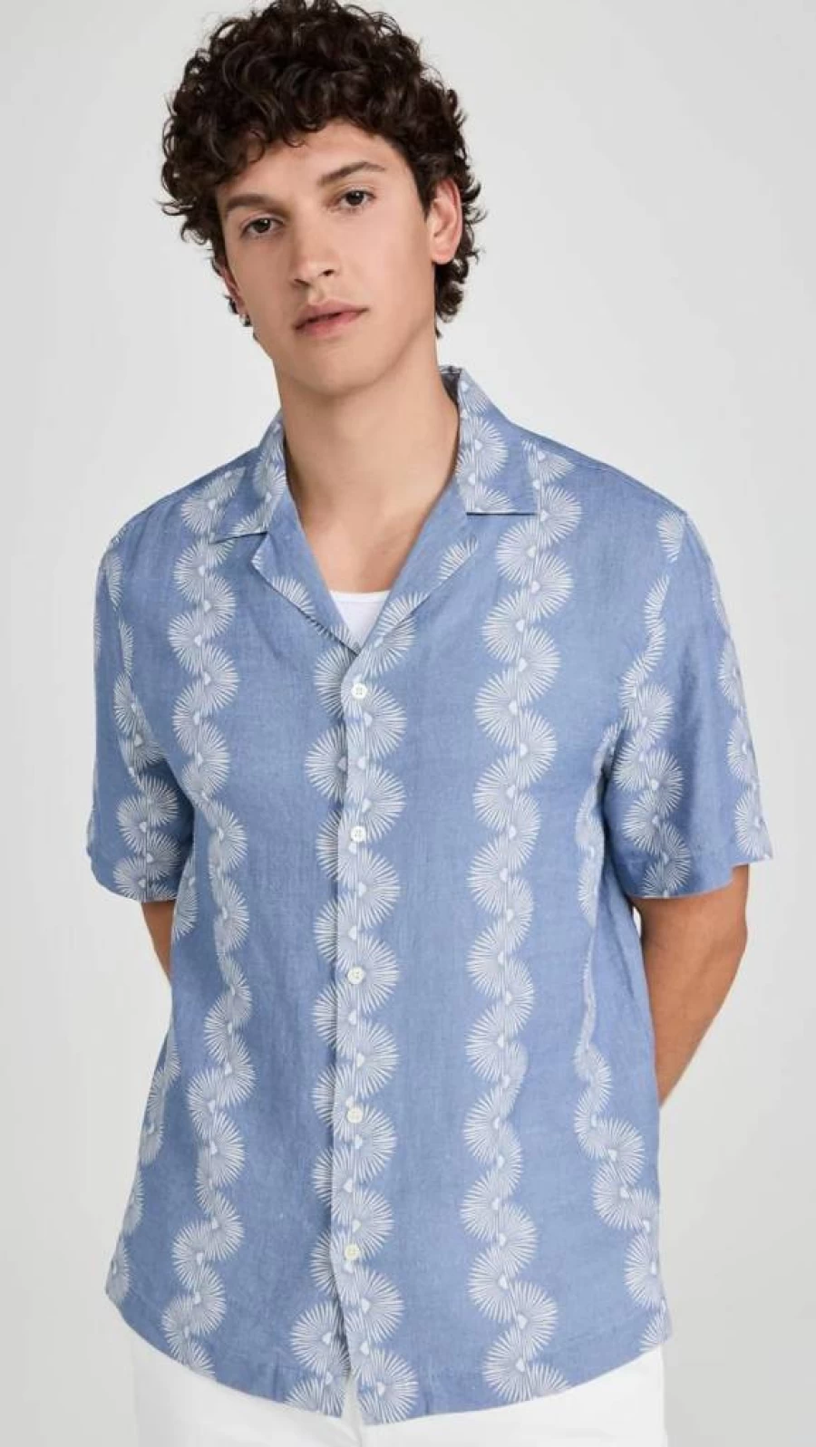 Frescobol Carioca Men's Roberto Linen Shirt with Geometric Wave Print